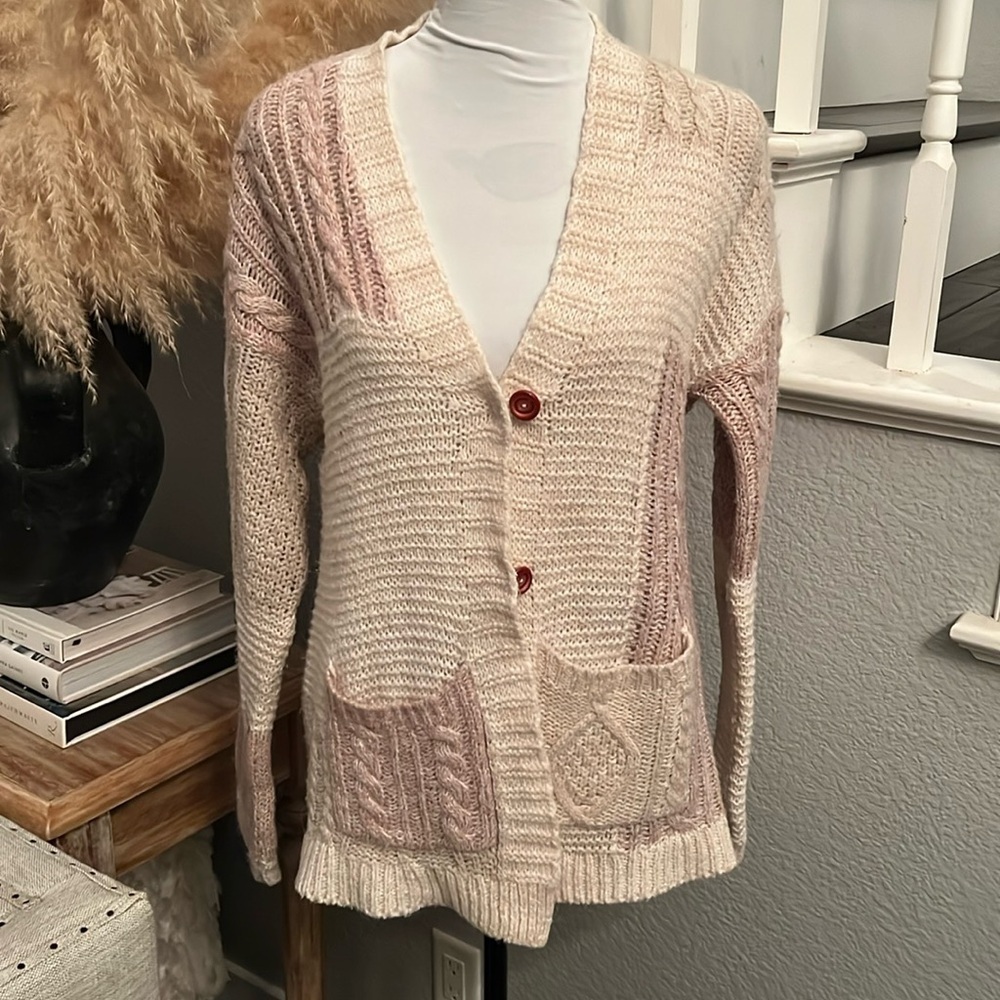 Abercrombie & Fitch Two Tone Cream Knit Long Sleeve Cardigan Sweater Size Small